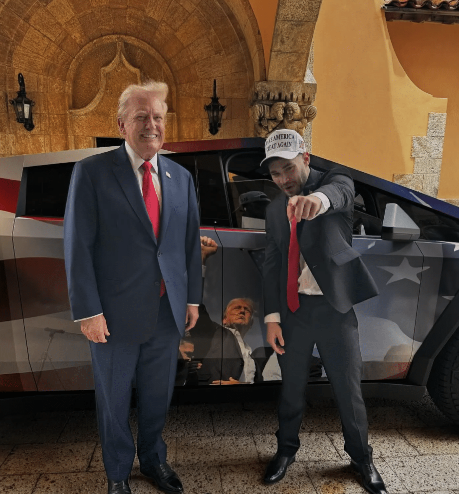 Adin Ross stand with Trump in front of a Cybertruck